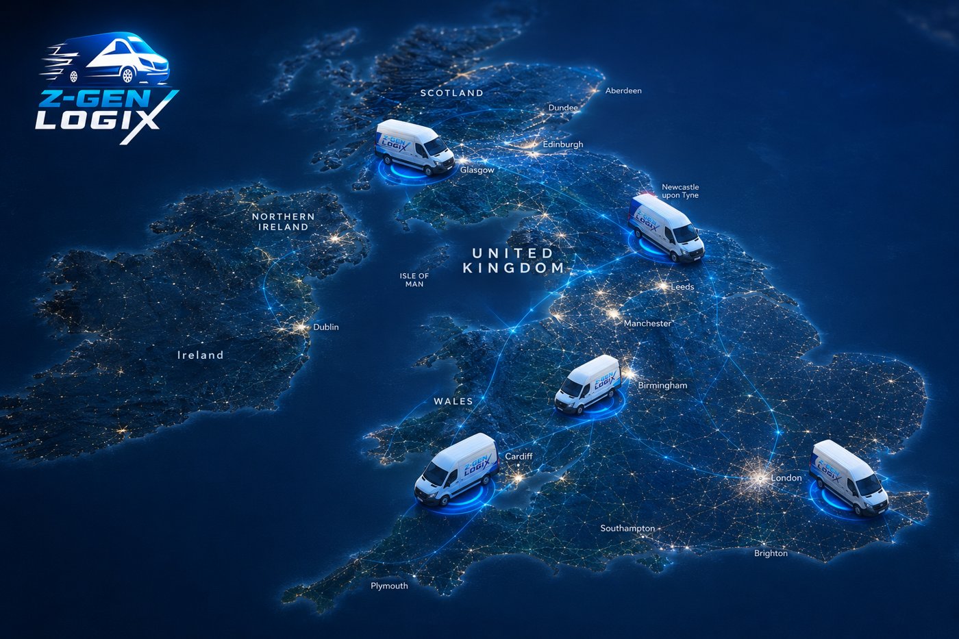 Map of Z-Gen Logix UK courier delivery coverage across England, Wales, Scotland and Northern Ireland